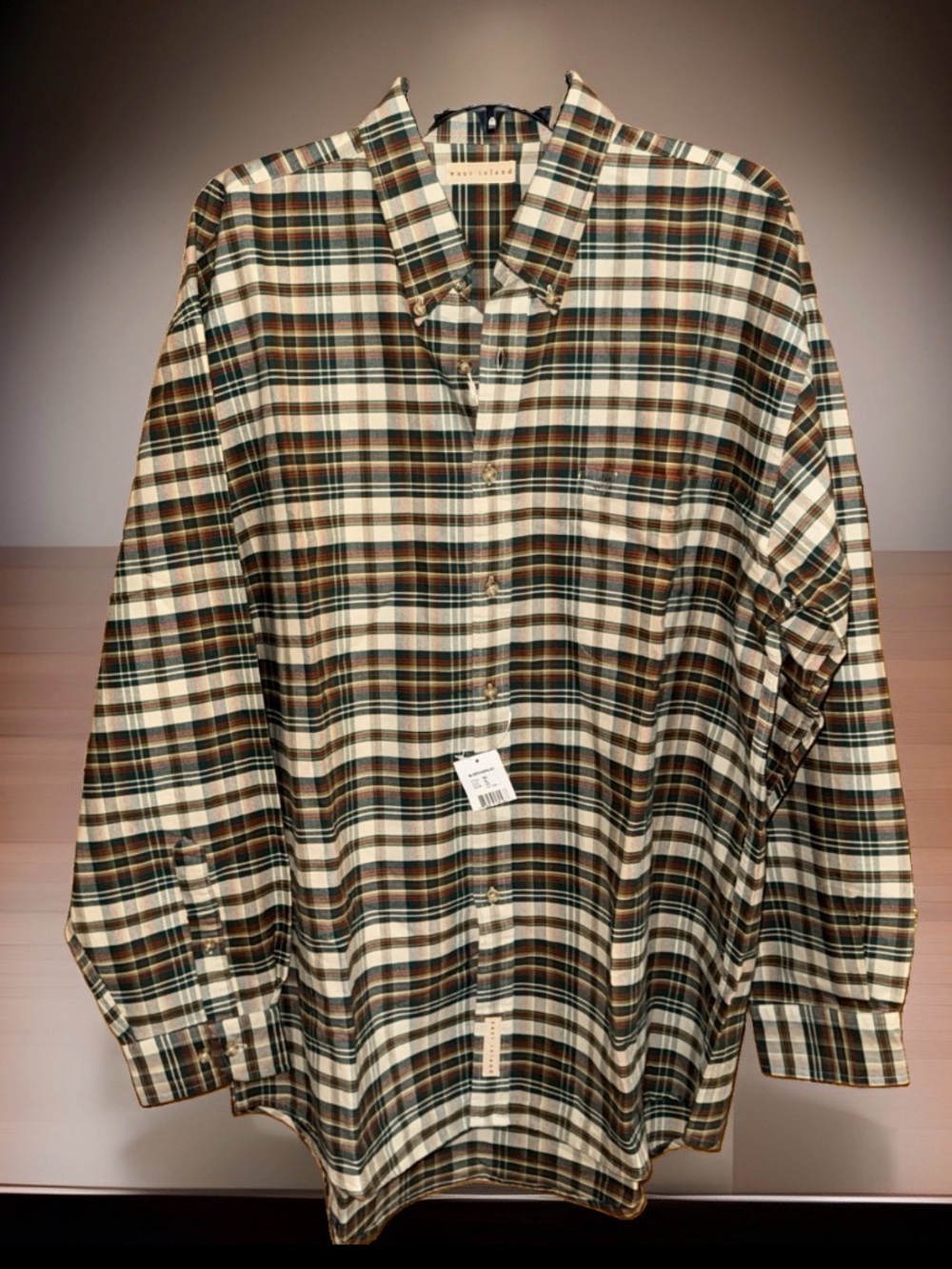 Nwt easy islandMen's Plaid Button-Down Shirt-Cream, Brown & Green—XL